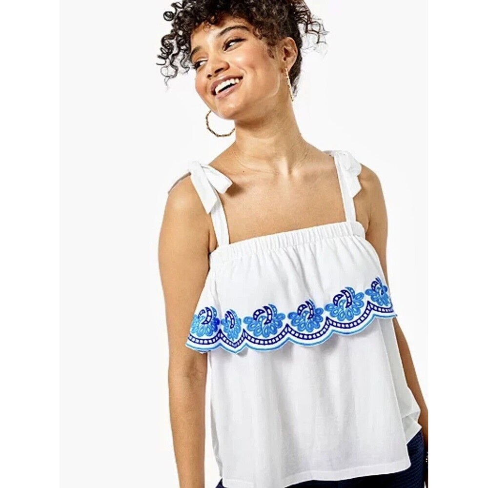 Lilly Pulitzer Tank Benita Resort Blue White Embroidered Ruffle Knit Crop Top XS